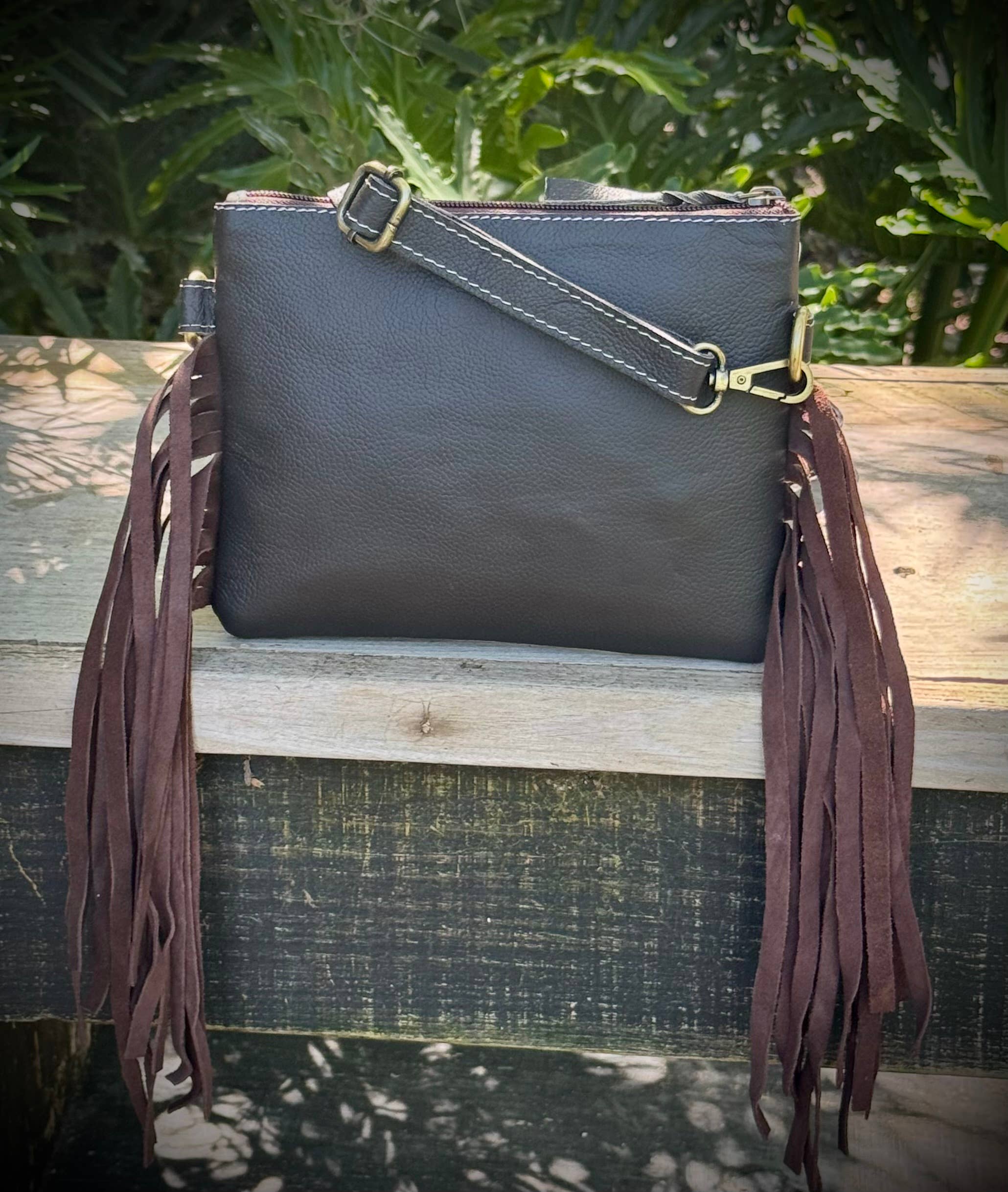 Upcycled LV Cowhide Leather Fringe Crossbody Wristlet Bag