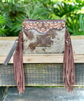 Upcycled LV Cowhide Leather Fringe Crossbody Wristlet Bag