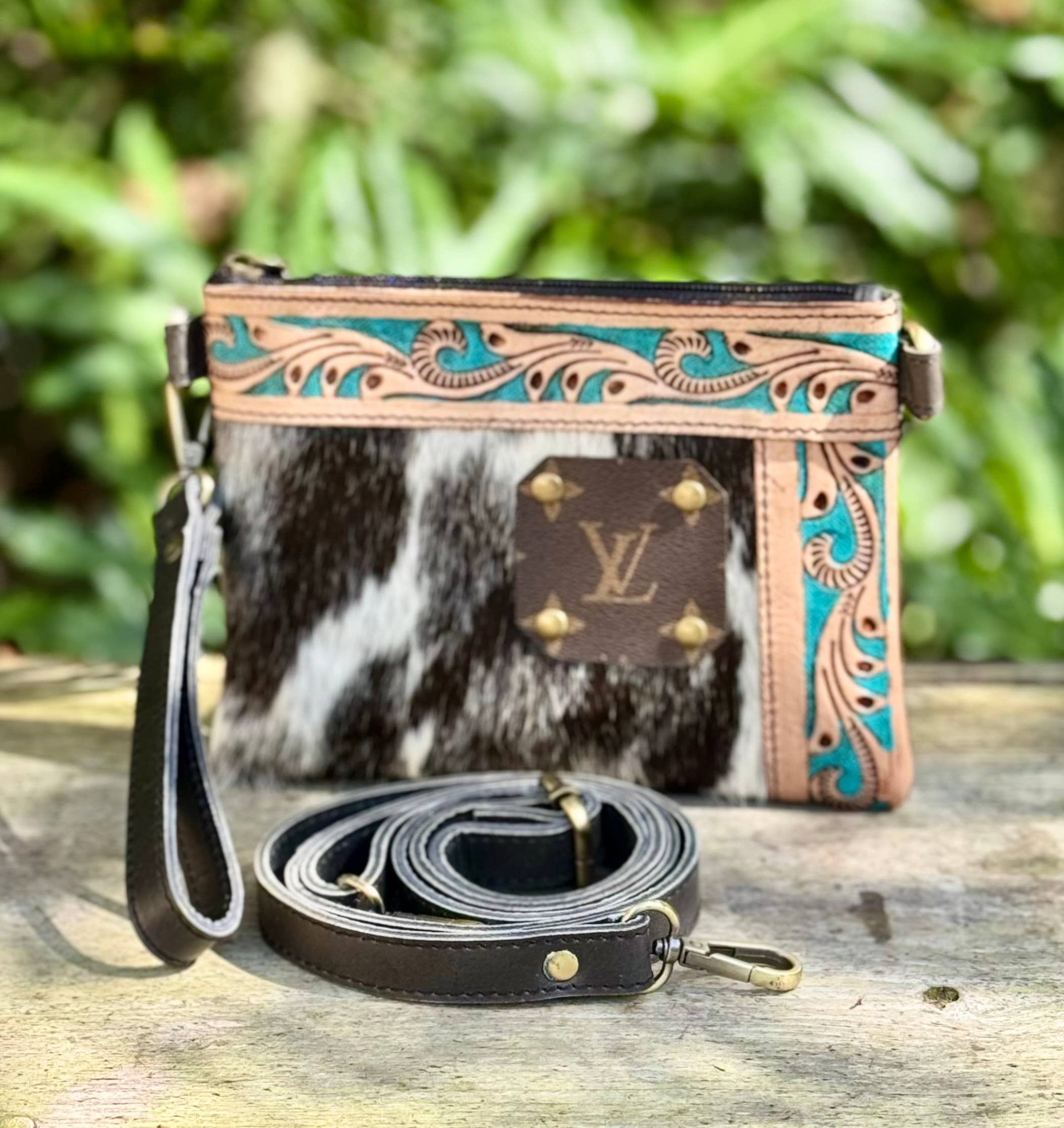 Upcycled LV Cowhide Leather Wristlet Crossbody Bag Western 