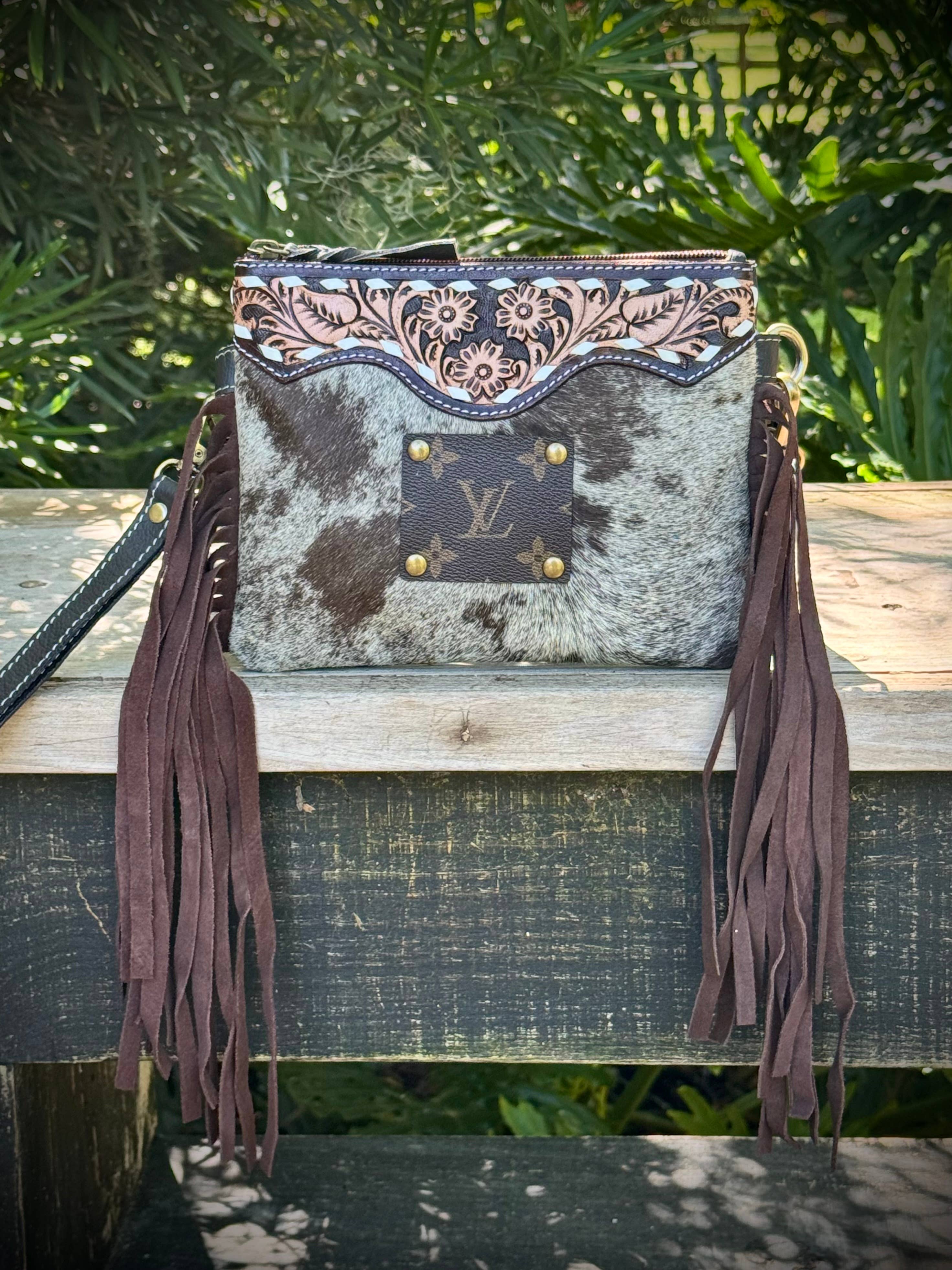 Upcycled LV Cowhide Leather Fringe Crossbody Wristlet Bag