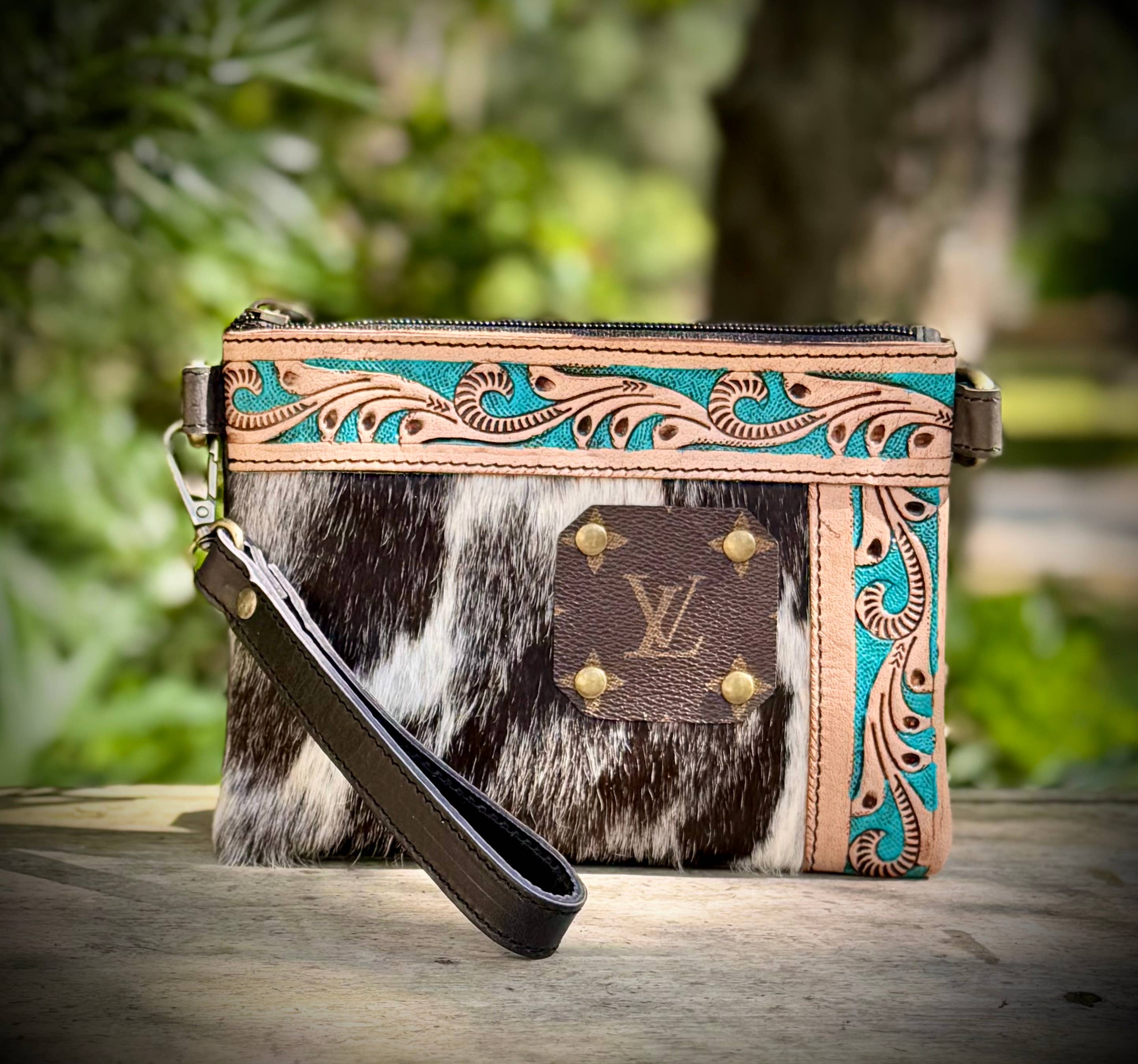 Upcycled LV Cowhide Leather Wristlet Crossbody Bag Western 