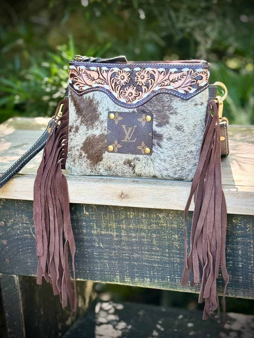 Upcycled LV Cowhide Leather Fringe Crossbody Wristlet Bag