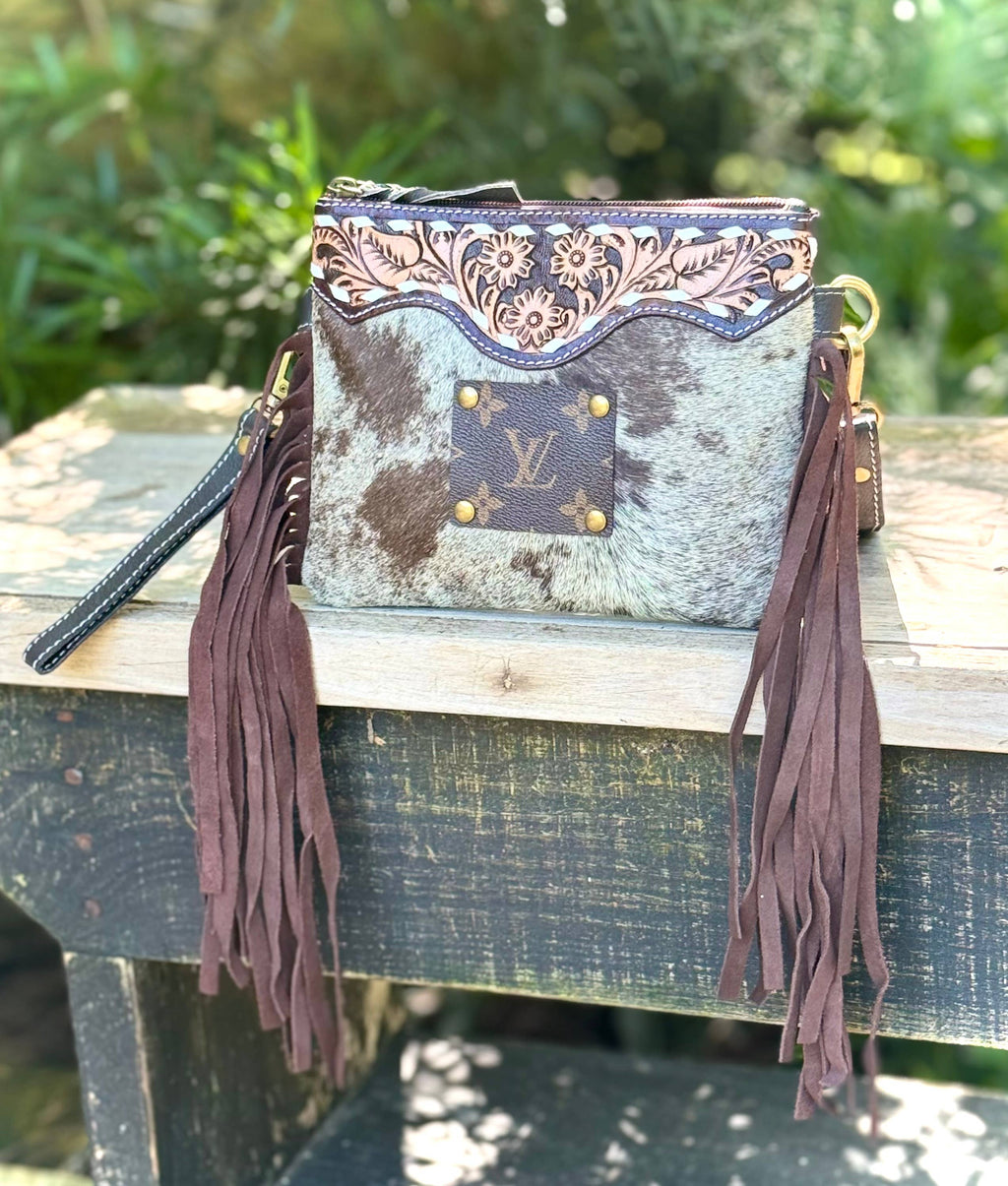 Upcycled LV Cowhide Leather Fringe Crossbody Wristlet Bag