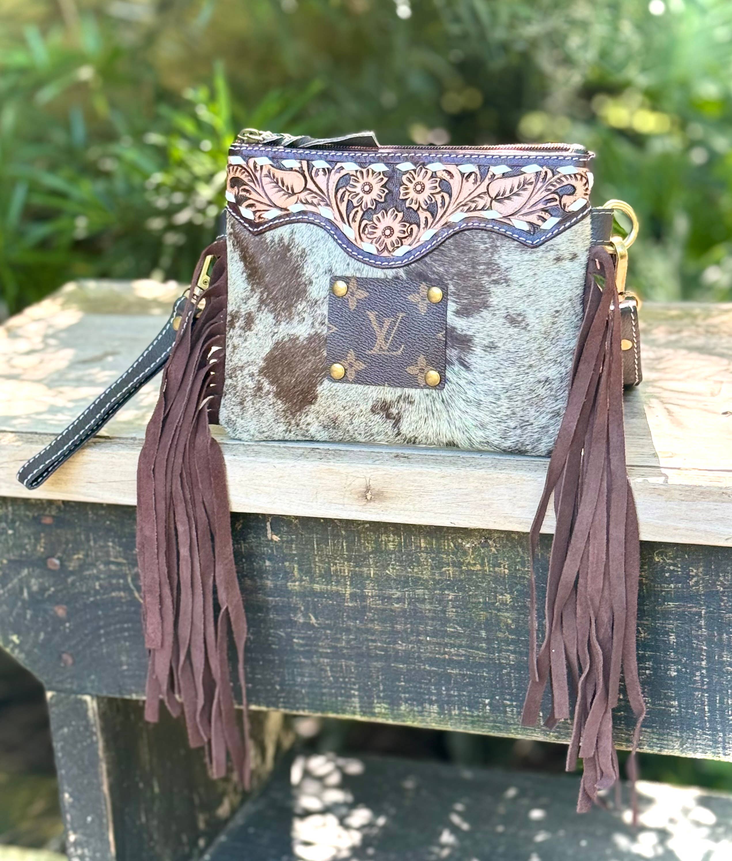 Upcycled LV Cowhide Leather Fringe Crossbody Wristlet Bag