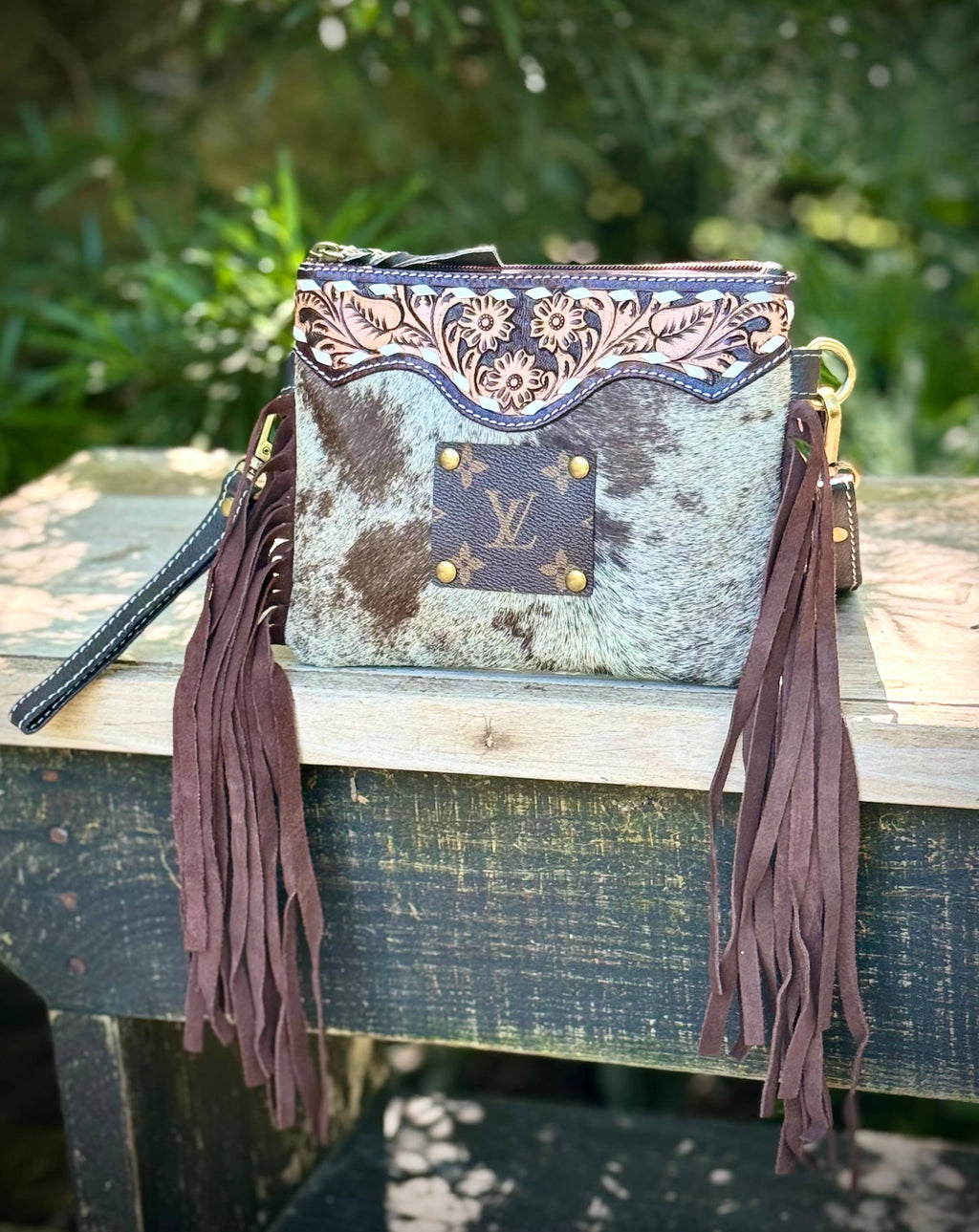 Upcycled LV Cowhide Leather Fringe Crossbody Wristlet Bag