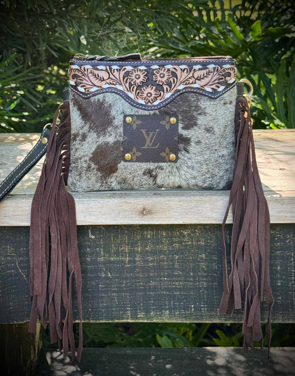 Upcycled LV Cowhide Leather Fringe Crossbody Wristlet Bag