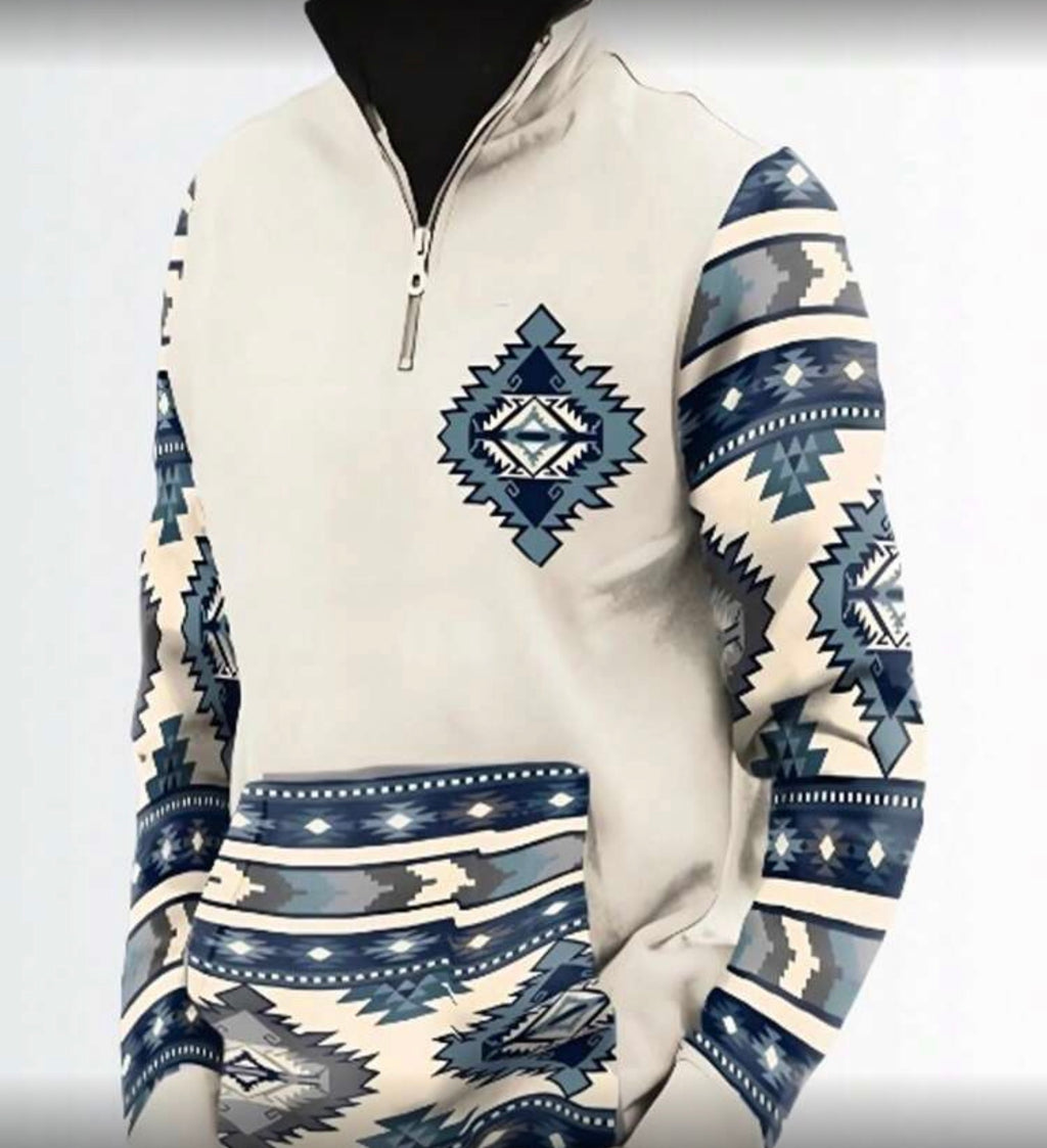 Western Fleece Jacket Cowboy Aztec Print Pullover