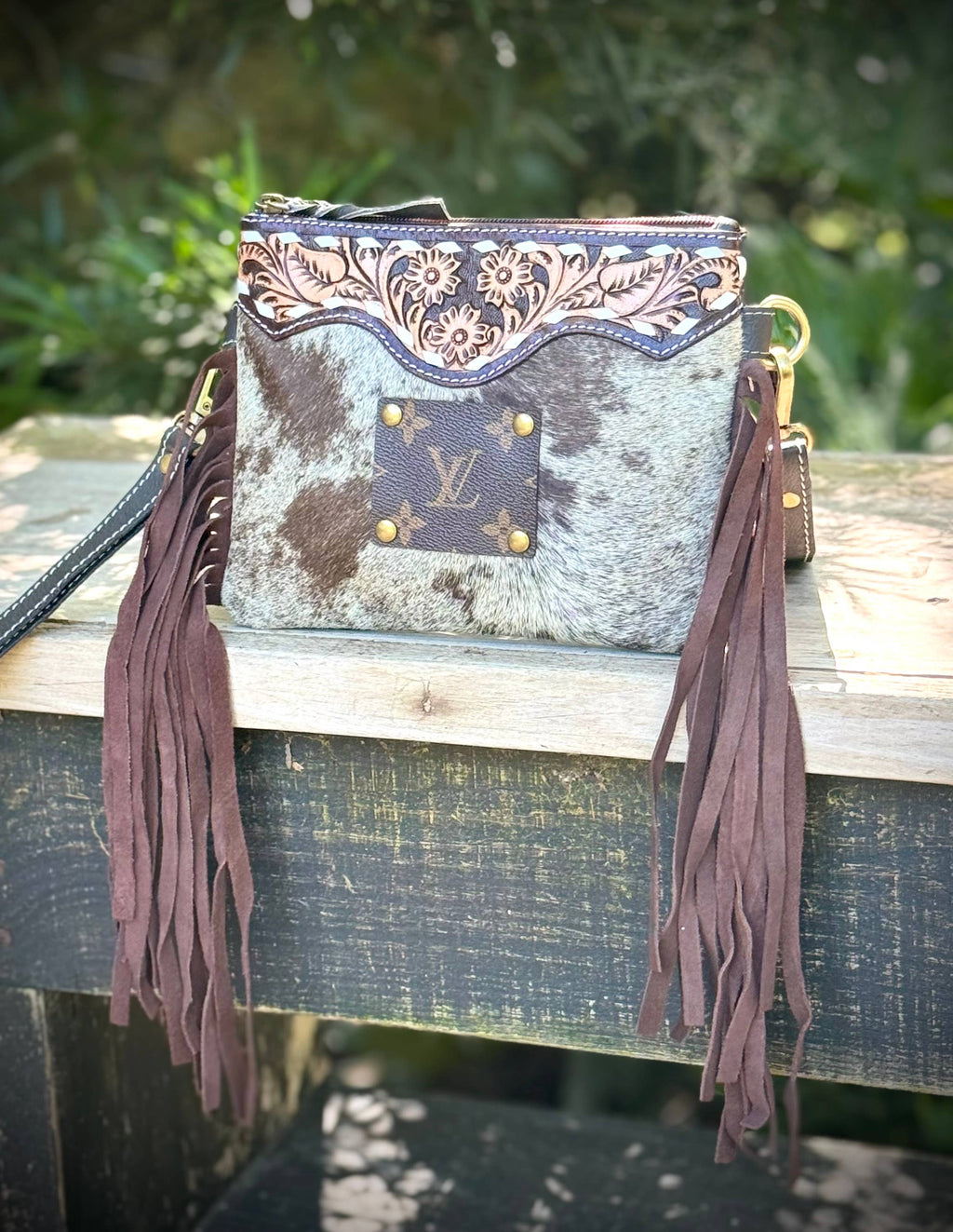 Upcycled LV Cowhide Leather Fringe Crossbody Wristlet Bag