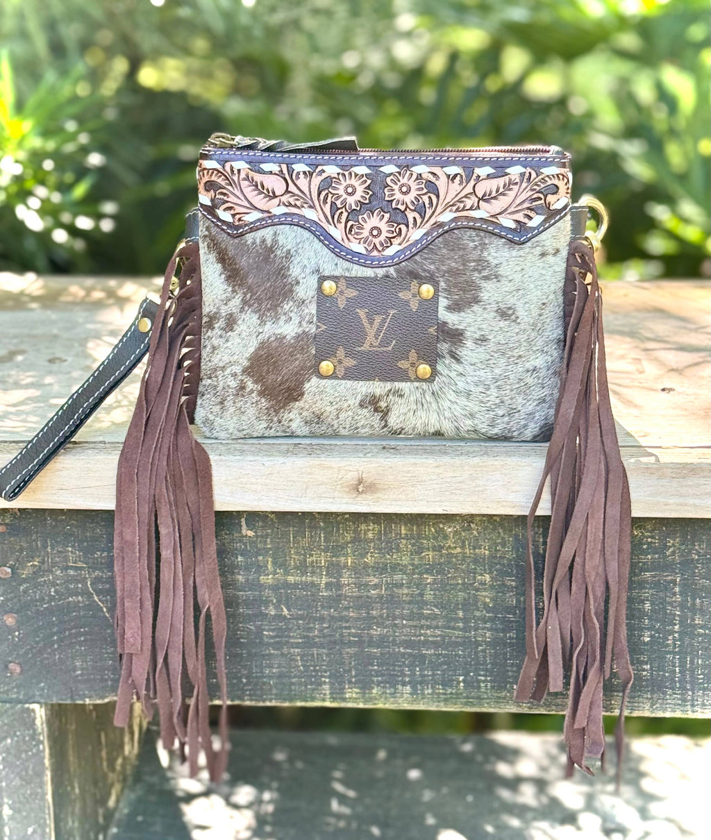 Upcycled LV Cowhide Leather Fringe Crossbody Wristlet Bag