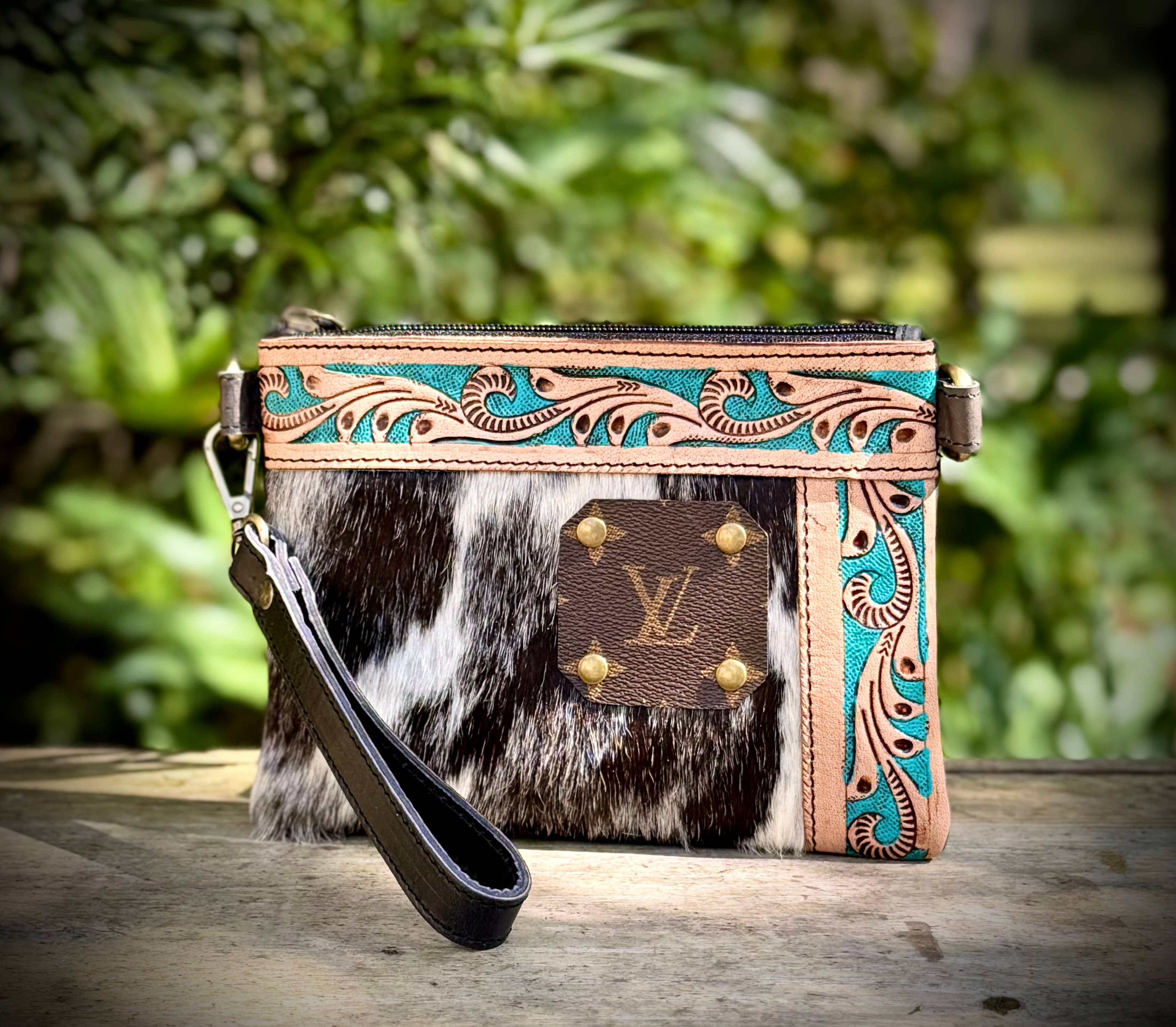 Upcycled LV Cowhide Leather Wristlet Crossbody Bag Western 