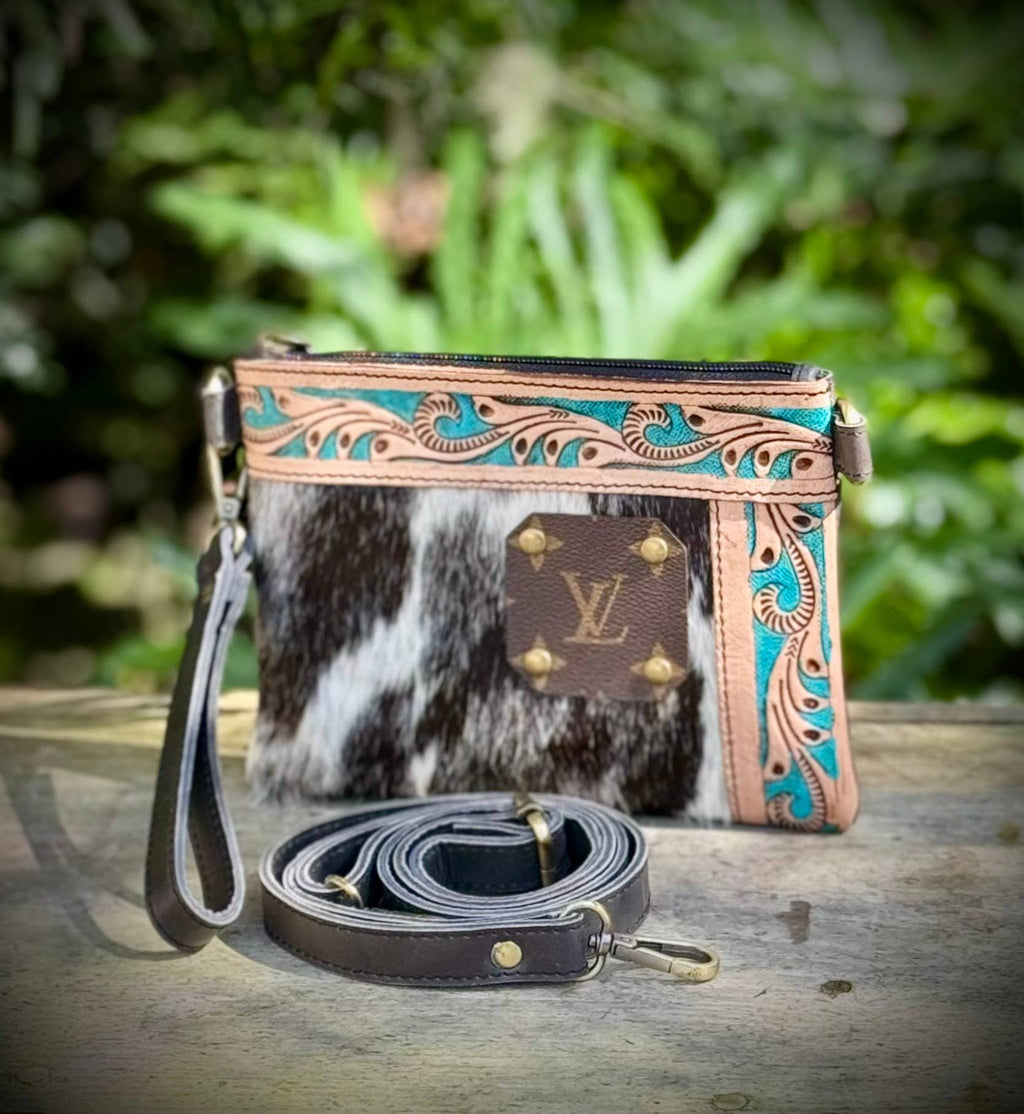 Upcycled LV Cowhide Leather Wristlet Crossbody Bag Western 